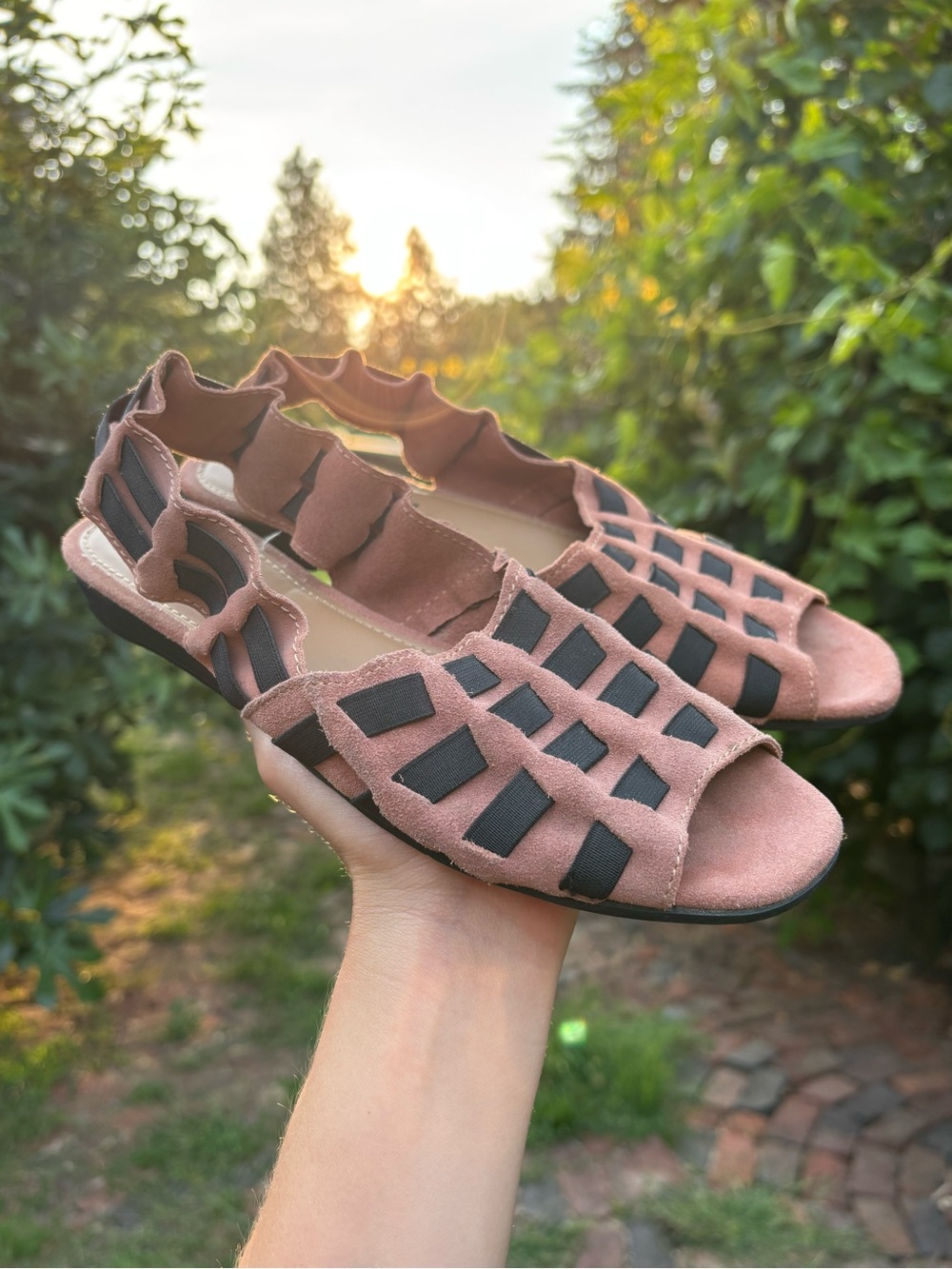Free People Pink Suede Open-Weave Sandals with Black Straps